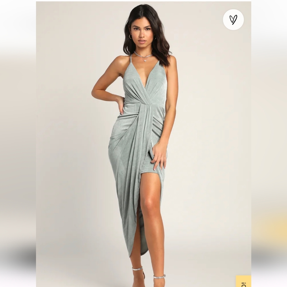 Lulu's Dreamy Date Sage Blue Surplice Midi Dress